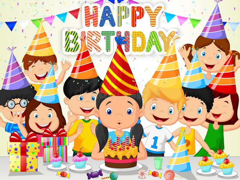 Happy girl cartoon blowing birthday candles with his friends vector illustration Happy girl cartoon blowing birthday candles with his friends vector illustration