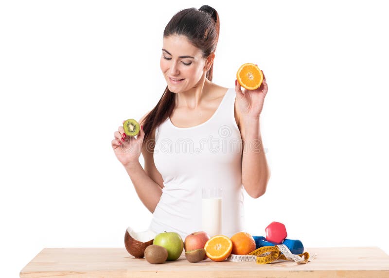 Happy girl and healthy vegetarian food, fruit royalty free stock photos