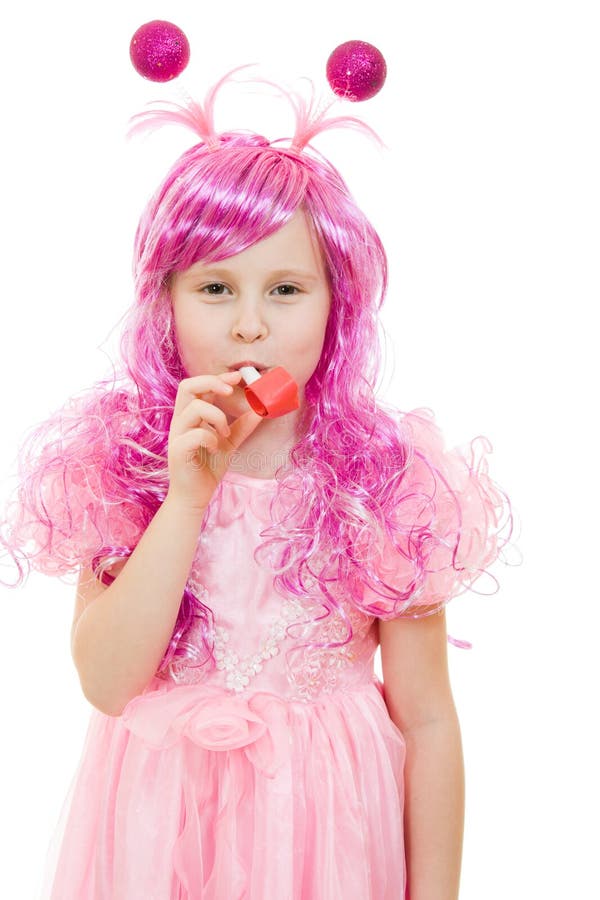 Happy girl with pink hair in a pink dress