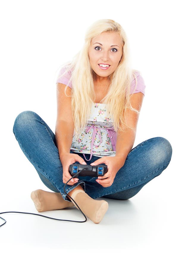 Happy girl plays video games