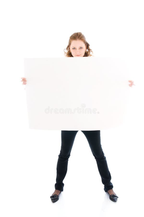 The happy girl with a poster isolated on a white