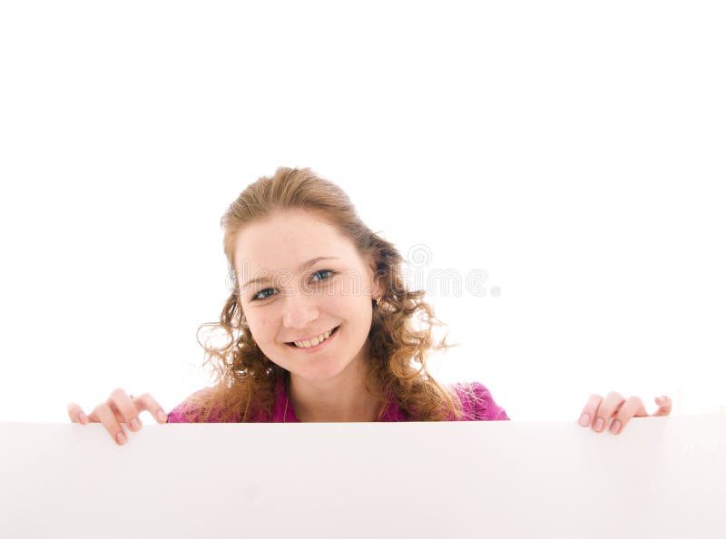 The happy girl with a poster isolated on a white