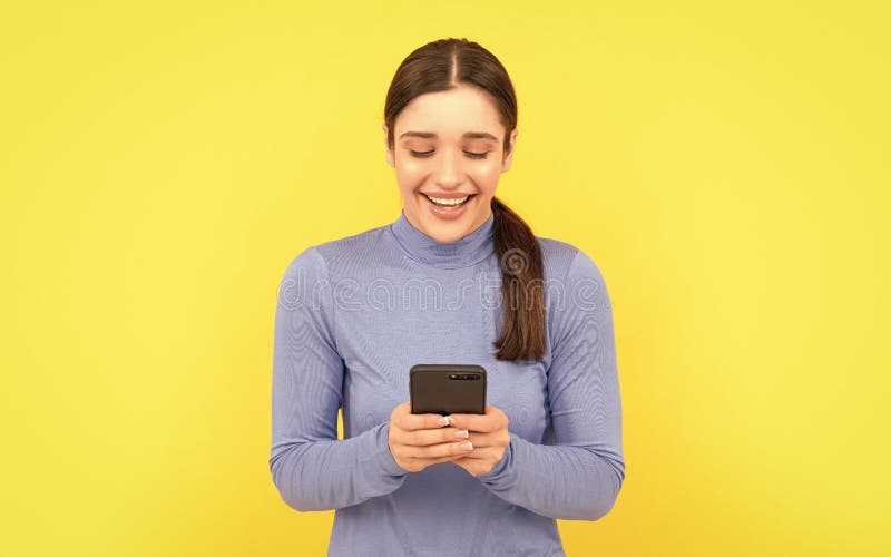 Happy Girl Read Text Message on Smartphone, Agile Business Stock Photo ...