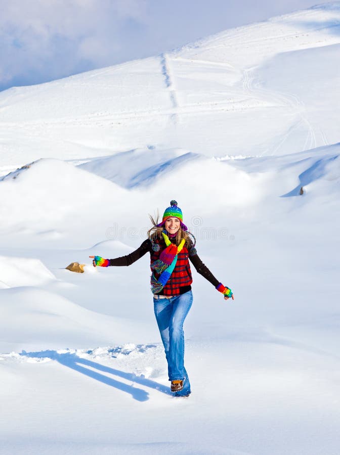 Happy Girl Running in the Snow Stock Image Image of clothes, pretty