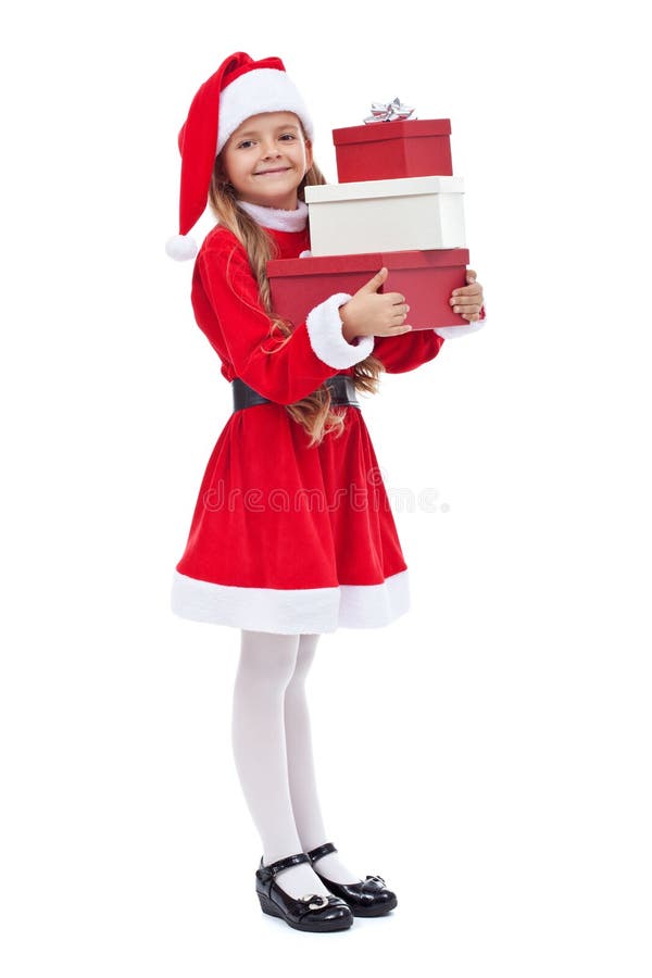 Happy Girl in Santa Outfit Holding Presents Stock Photo - Image of  happiness, girl: 34521694