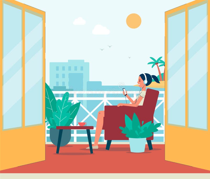 Happy girl sitting in chair on cozy balcony and listening to music on headphones. Cartoon woman relaxing in outdoor seating area on sunny day - flat vector illustration.