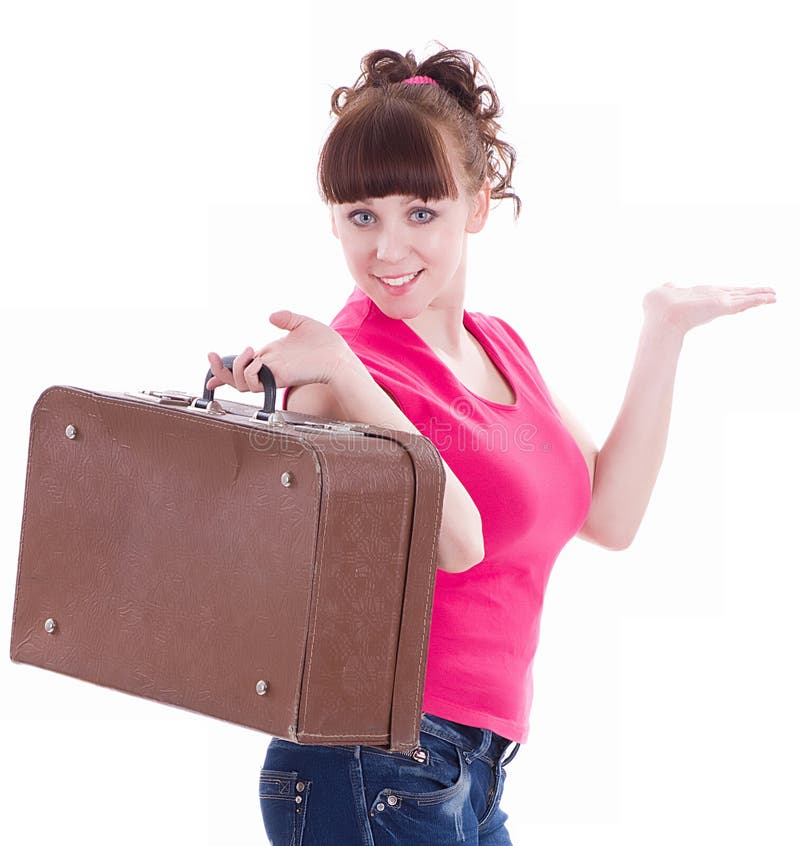 Happy Child Girl is Sitting in Pink Suitcase Holding a Globe and ...