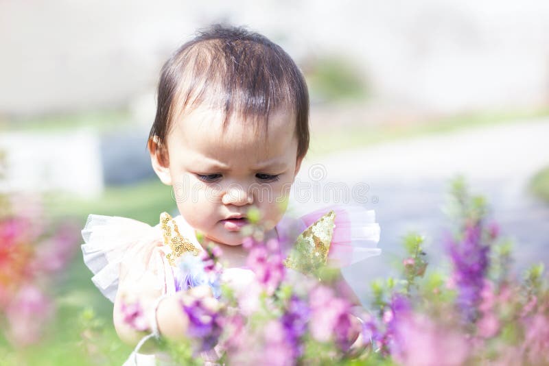 Happy Girl Watching the Flower Garden Stock Photo - Image of technology ...