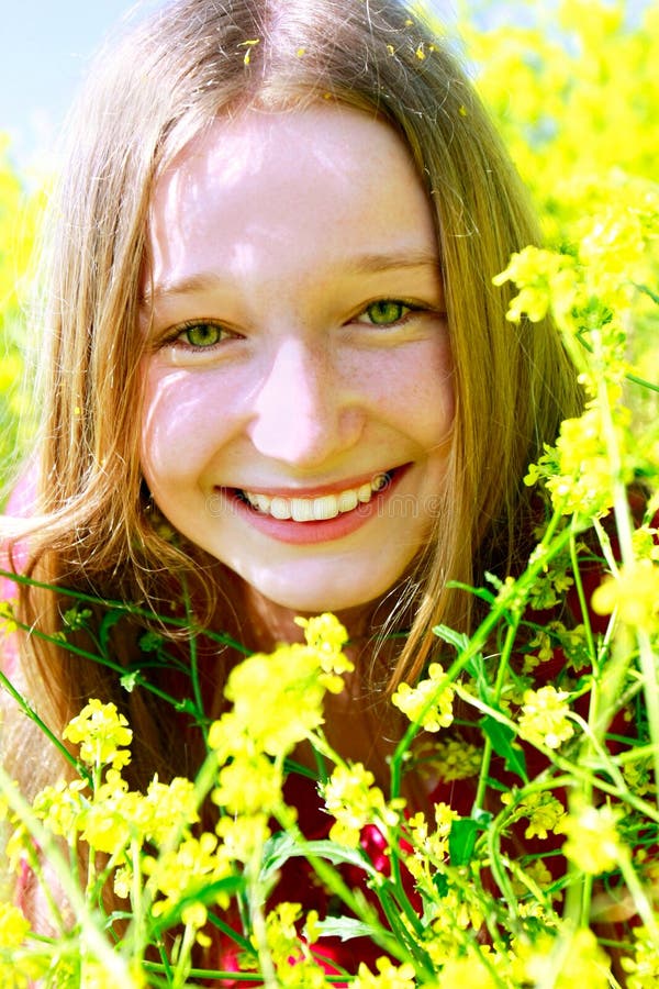Girl with Long Hair in Yellow Flowers Stock Image Image of flower