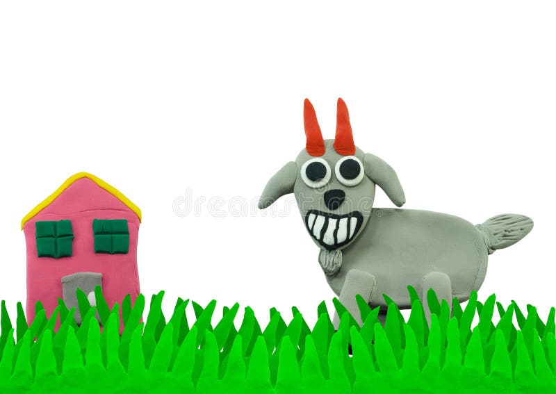 Happy Goat on grass field made from plasticine