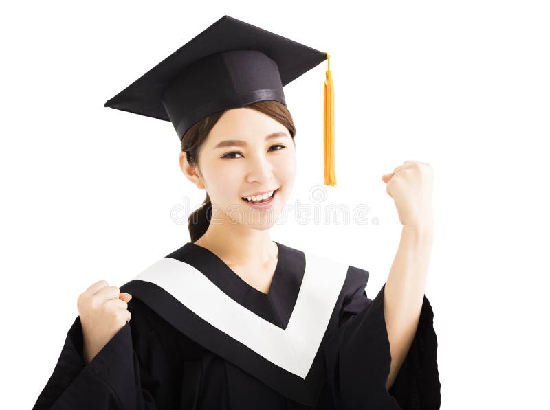 Happy graduating asian student raise hand with success gesture stock photos Happy graduating asian student raise hand with success gesture stock photos