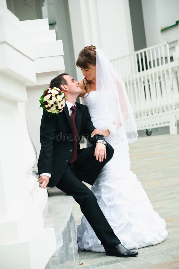 Happy groom and bride. Love tenderness feelings of wedding couple