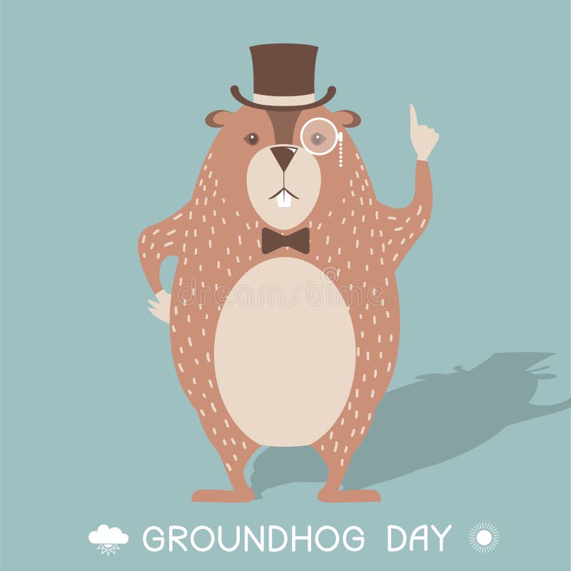 Happy Groundhog day card illustration with marmot in cylinder