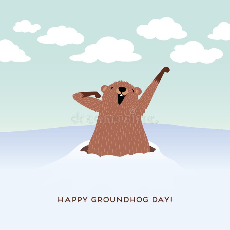 Happy Groundhog Day design with cute groundhog popping up out of his burrow