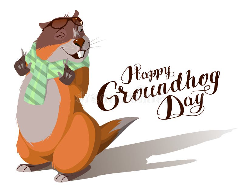 Happy Groundhog Day. Marmot casts shadow. Lettering text for greeting card. Vector cartoon illustration