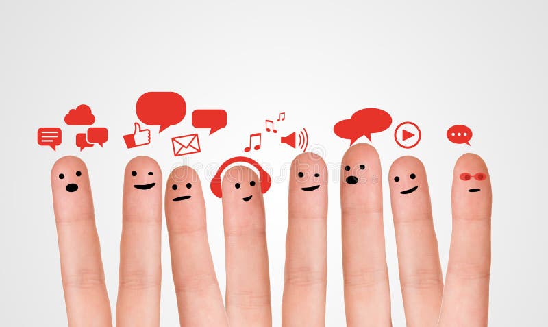 Happy group of finger smileys with social chat sign and speech bubbles. Fingers representing a social network.