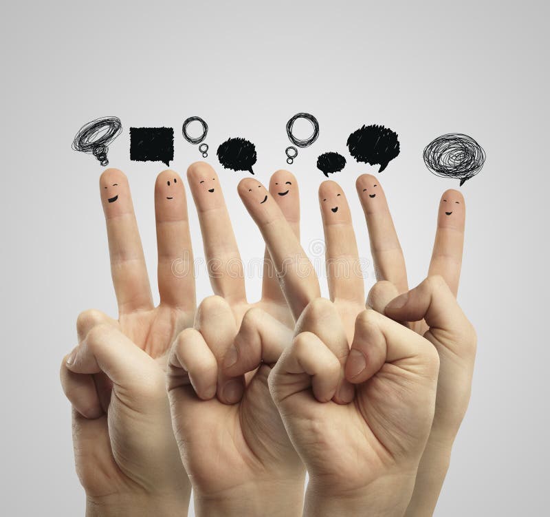 Happy group of finger smileys with social chat sign and speech bubbles. Fingers representing a social network. Happy group of finger smileys with social chat sign and speech bubbles. Fingers representing a social network.