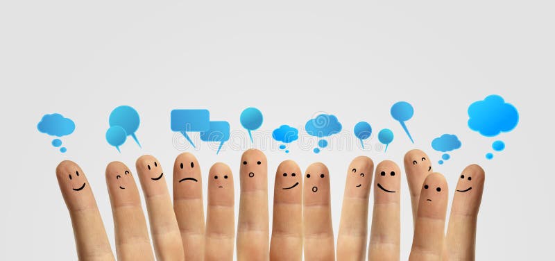 Happy group of finger smileys with social chat sign and speech bubbles,icons. Fingers representing a social network. Happy group of finger smileys with social chat sign and speech bubbles,icons. Fingers representing a social network.