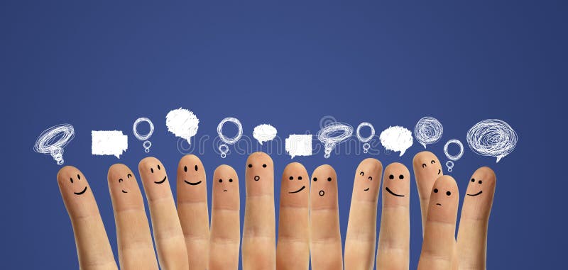 Happy group of finger smileys with social chat sign and speech bubbles,icons. Fingers representing a social network. Happy group of finger smileys with social chat sign and speech bubbles,icons. Fingers representing a social network.