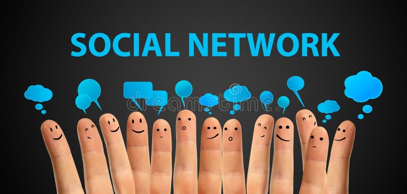 Happy group of finger smileys with social chat sign and speech bubbles,icons. Fingers representing a social network. Happy group of finger smileys with social chat sign and speech bubbles,icons. Fingers representing a social network.