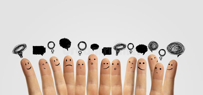 Happy group of finger smileys with social chat sign and speech bubbles,icons. Fingers representing a social network. Happy group of finger smileys with social chat sign and speech bubbles,icons. Fingers representing a social network.