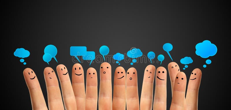 Happy group of finger smileys with social chat sign and speech bubbles,icons. Fingers representing a social network. Happy group of finger smileys with social chat sign and speech bubbles,icons. Fingers representing a social network.