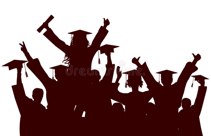 Happy group of graduate students in square academic caps. Cheerful people silhouette. Vector illustration stock illustration Happy group of graduate students in square academic caps. Cheerful people silhouette. Vector illustration stock illustration