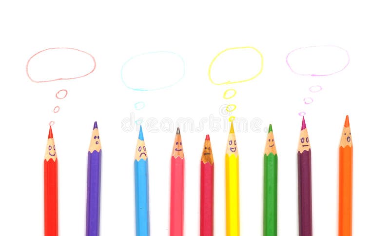 Happy group of pencil faces with speech bubble