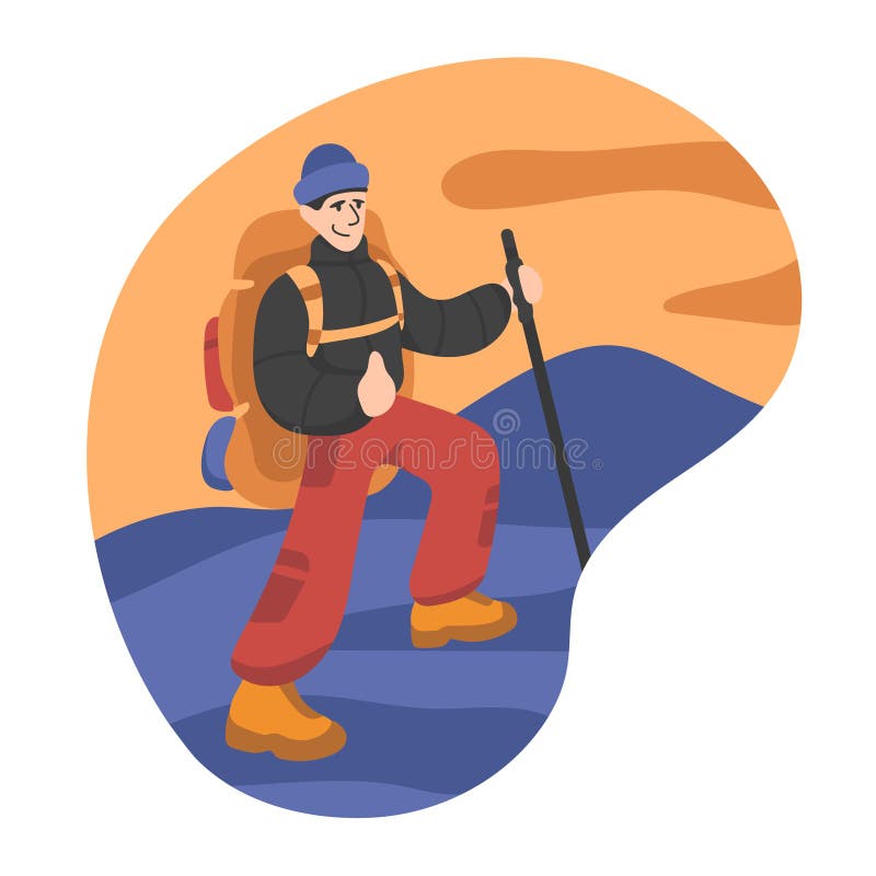 Happy guy with backpack climbs mountain and gives thumbs up gesture vector royalty free illustration