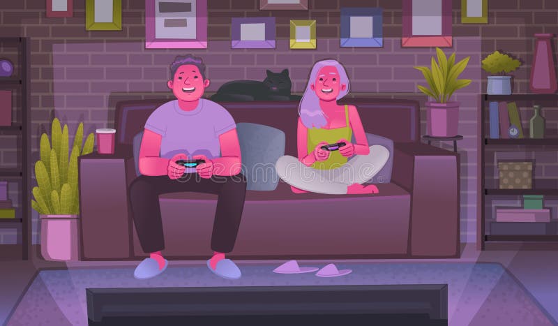 Happy guy and girl play video games on the game console. A couple of young people have fun together in the evening. Leisure. Vector illustration in flat style