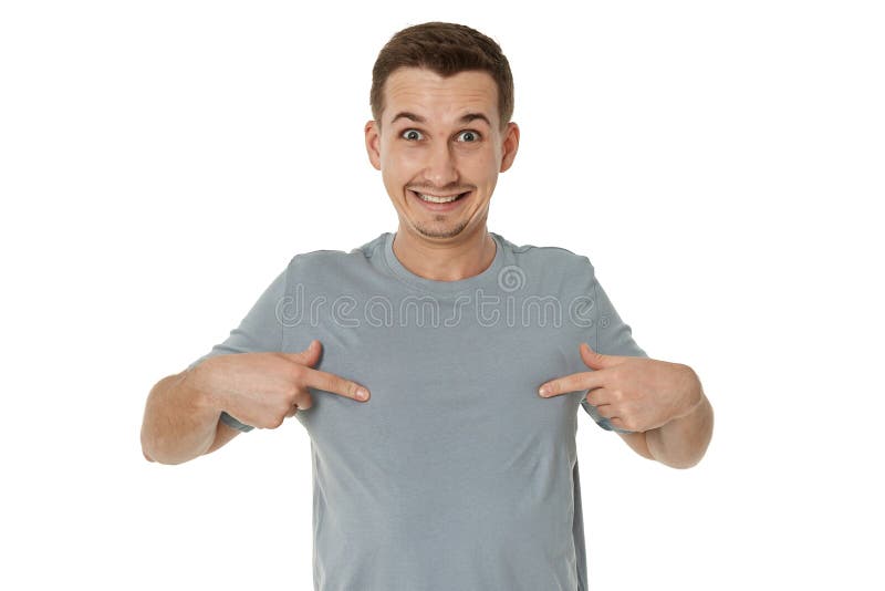 happy guy looking up and pointing up stock image
