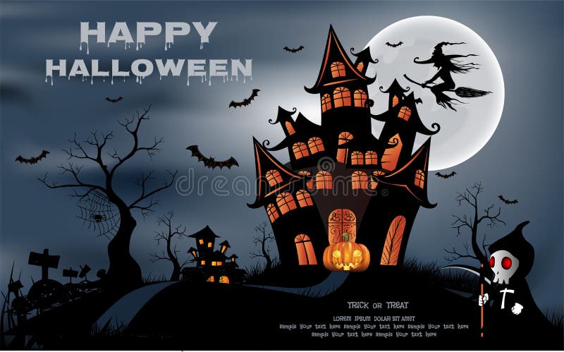 Happy Halloween background with pumpkin, full moon. Halloween party. Vector illustration