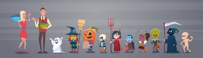 Happy Halloween Banner Holiday Decoration Horror Party Greeting Card Man And Woman Giving Candy To Cute Cartoon Monsters stock illustration Happy Halloween Banner Holiday Decoration Horror Party Greeting Card Man And Woman Giving Candy To Cute Cartoon Monsters stock illustration