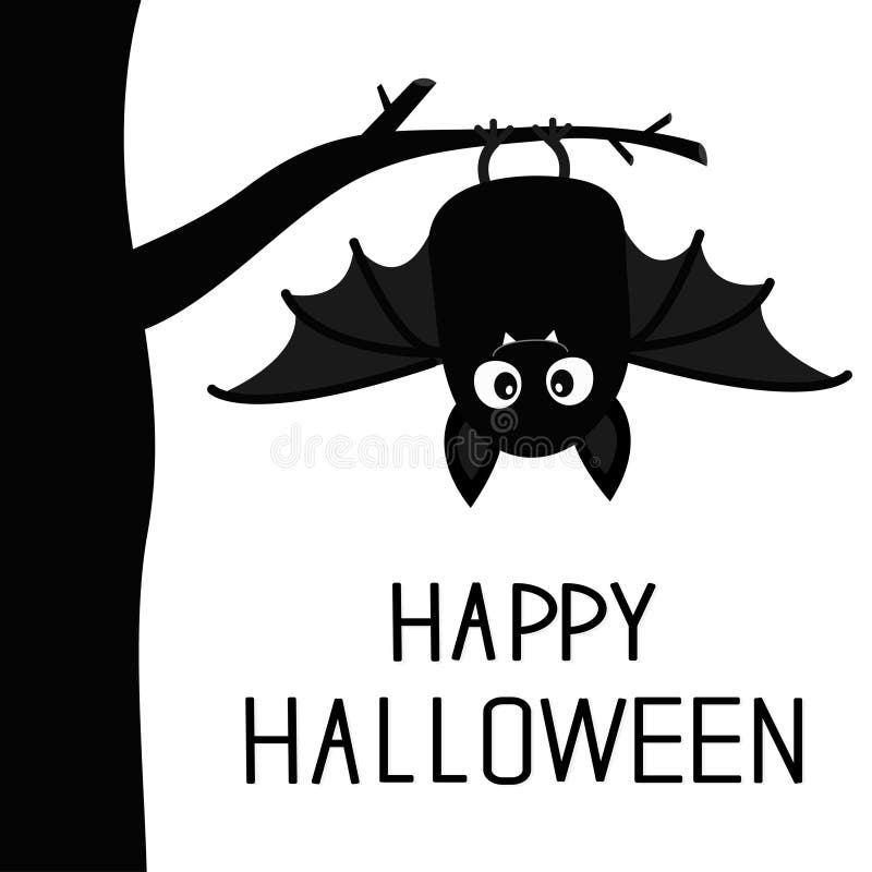 Happy Halloween. Bat hanging on tree. Cute cartoon baby character with big open wing, ears, legs. Black silhouette. Forest animal.