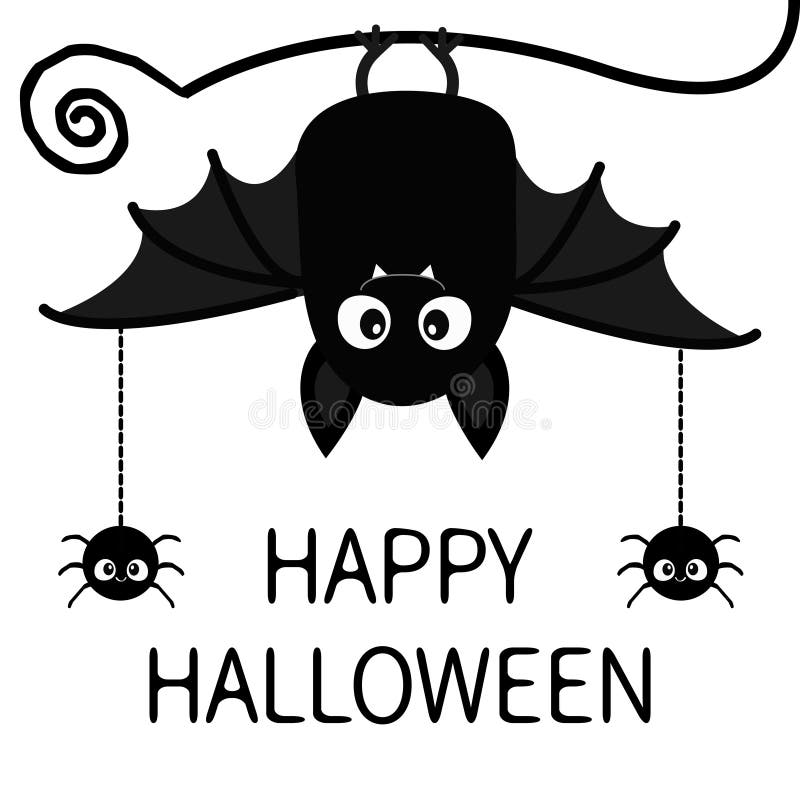 Happy Halloween. Bat Spiders insect hanging. Cute cartoon baby character with big open wing, ears, legs. Black silhouette. Forest