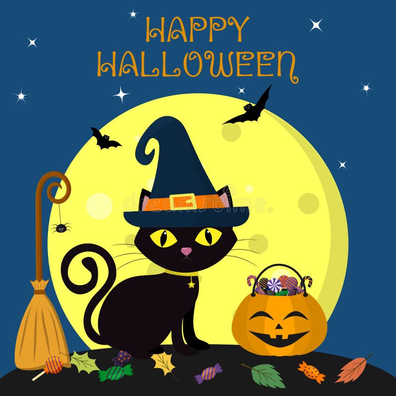 Happy Halloween. The black cat of Halloween sits against the full moon at night. Near the broom with a spider, a pumpkin