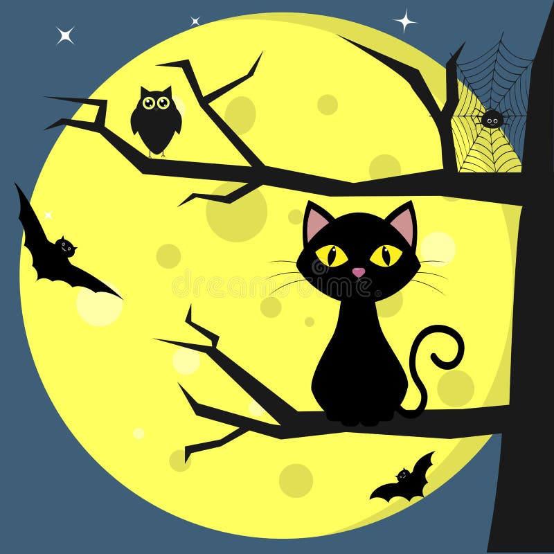 Happy Halloween. A black cat sits on a tree, against a background of a full moon at night. Owl, spider, cobwebs