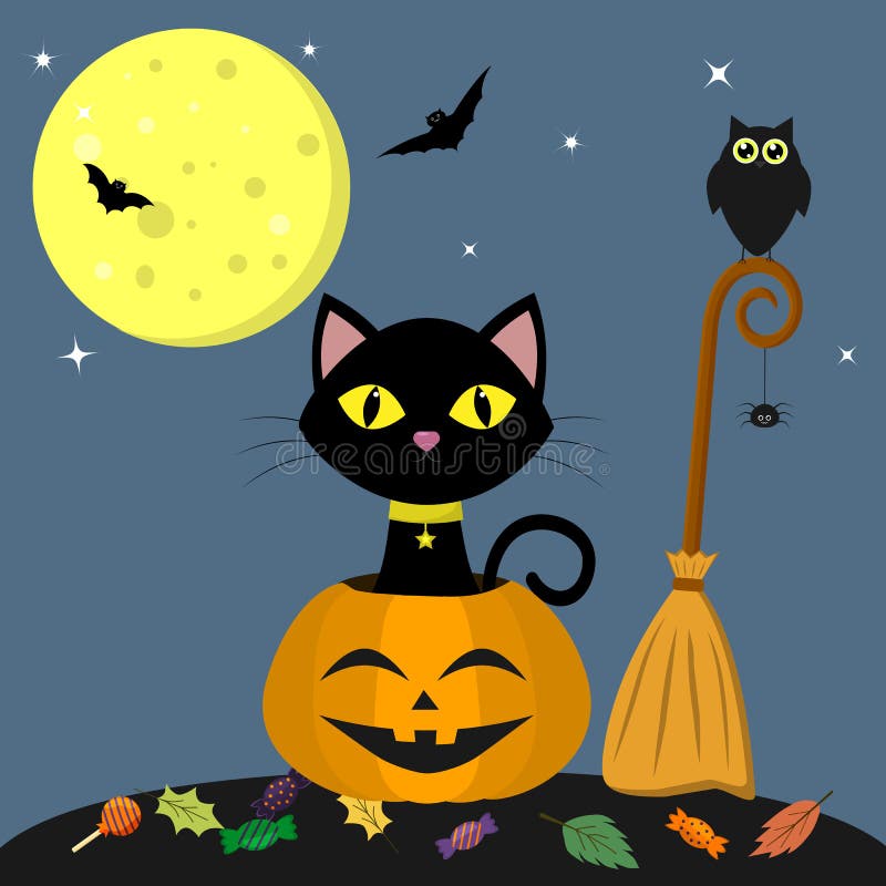 Happy Halloween. A black cat is sitting in a pumpkin. Near the broom, owl, spider. Full moon at night, bats, leaves and