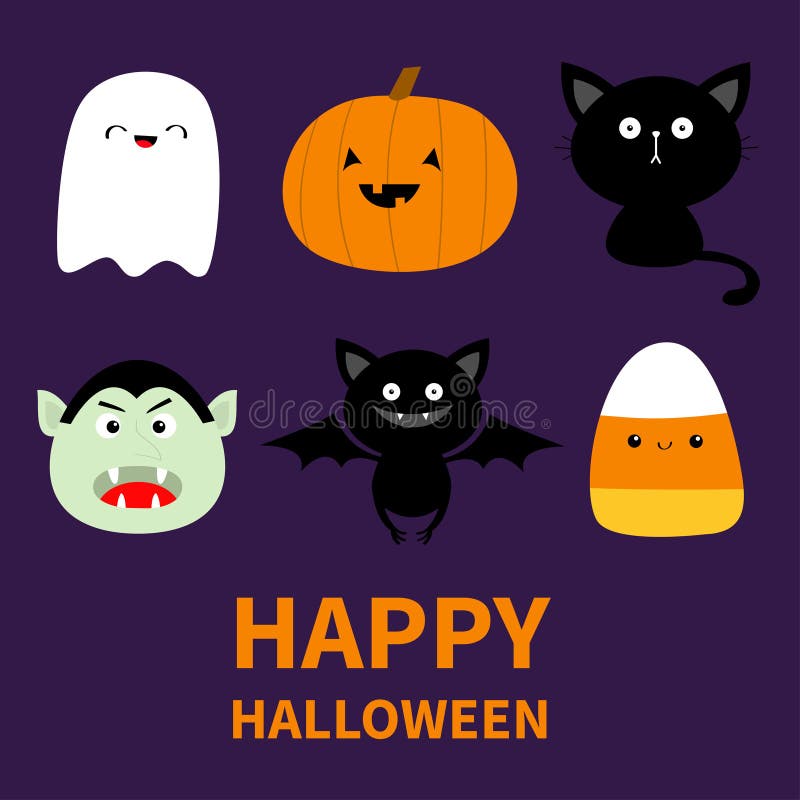 Happy Halloween. Candy corn, ghost spirit, pumpkin, cat, dracula, bat with face. Cute cartoon kawaii funny baby character set.