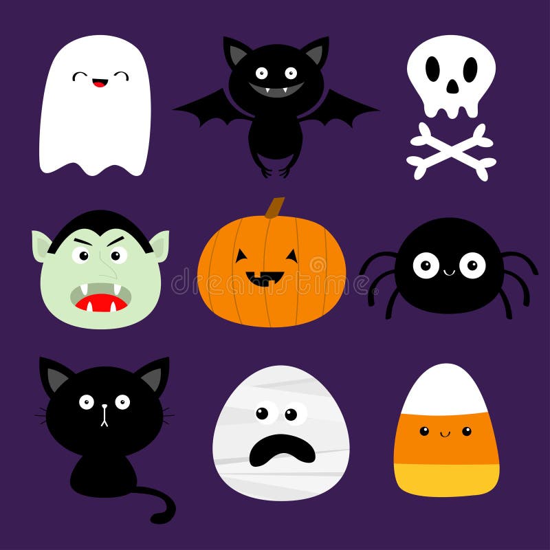 Happy Halloween. Candy corn, ghost spirit, pumpkin, cat, dracula, bat, skull bone, spider, mummy face. Cute cartoon kawaii funny