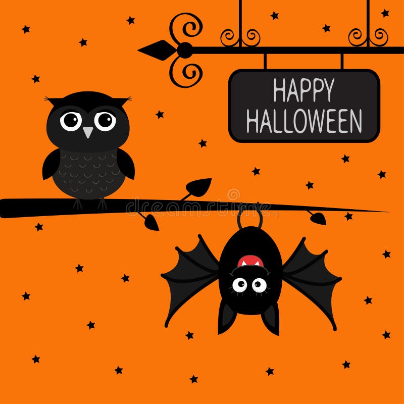Happy Halloween card. Bat hanging on tree. Wrought iron sign board. Owl bird.