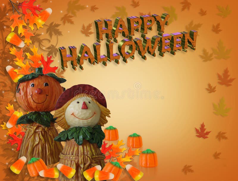 Image and illustration composition Halloween border, Fall background, Autumn template, whimsical scarecrow and pumpkin figurines with fall leaves and candy corn, copy space, 3D, text. Autumn border fall halloween leaves pumpkins illustrations