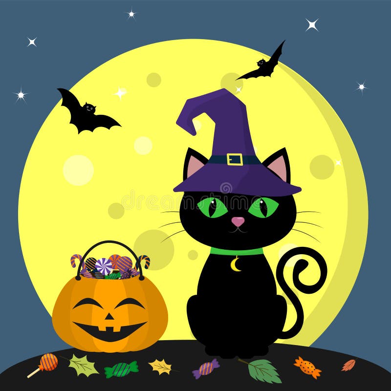 Happy Halloween. A Halloween cat in a witch hat sits next to a pumpkin filled with sweets. Full moon at night. Flying