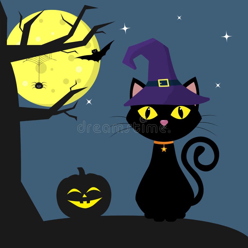 Happy Halloween. The Halloween cat witch-hat sits next to the pumpkin. A tree, a spider, a full moon at night. Flying vampires and