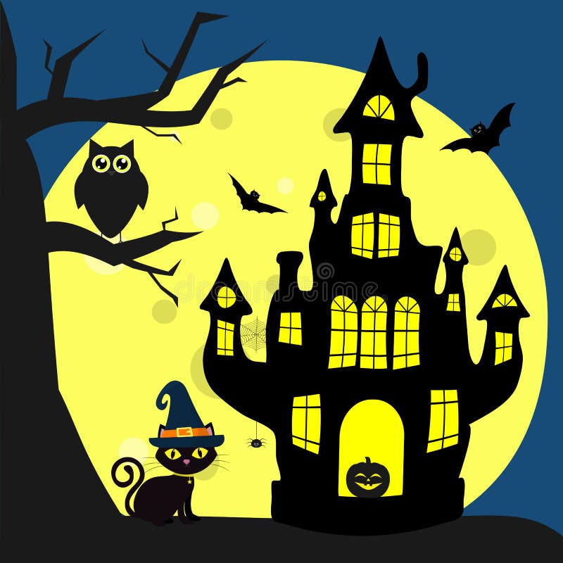 Happy Halloween. The Halloween cat in the witch s hat sits next to the witchs house. A tree, an owl, flying vampires, a spider, st