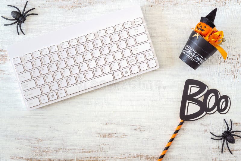 Happy Halloween Festival. Desktop workspace flat lay Top view with copy space royalty free stock photography Happy Halloween Festival. Desktop workspace flat lay Top view with copy space royalty free stock photography