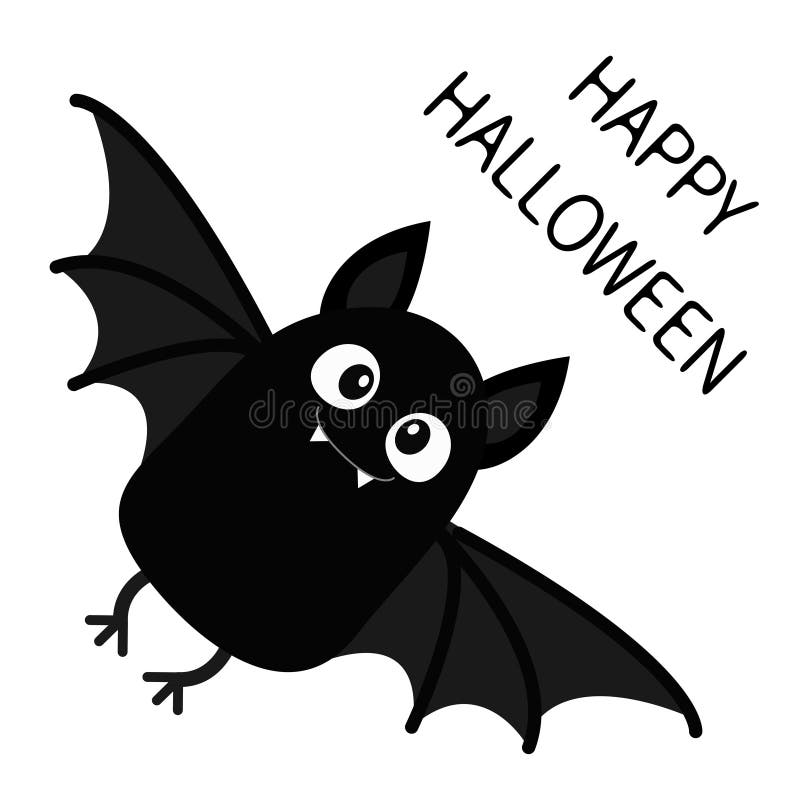 Happy Halloween. Flying bat vampire. Cute cartoon baby character with big open wing, ears, legs. Black silhouette. Forest animal.