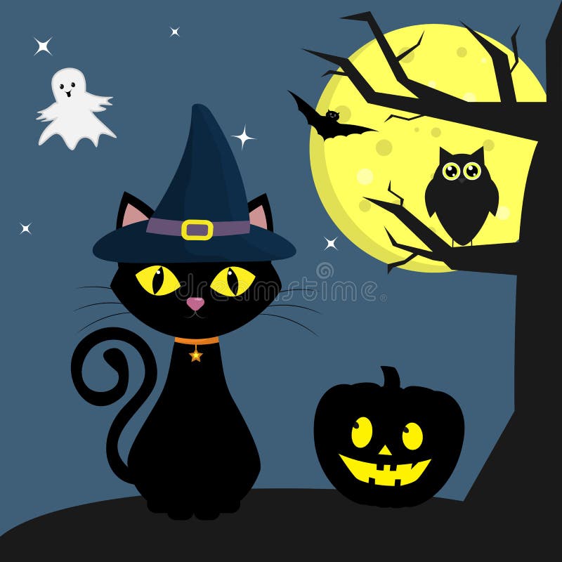 Happy Halloween. The Halloween feline witch sits next to the pumpkin. A tree, an owl, a full moon at night. Flying