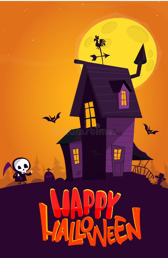 Happy Halloween Haunted House Cartoon Illustration. Vector Horror Scary  Mansion on the Night Background with Moon Stock Vector - Illustration of  graveyard, hill: 228861071
