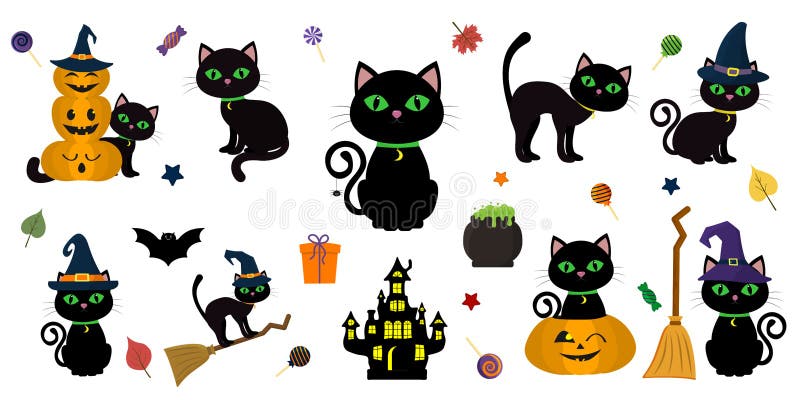 Happy Halloween. Mega set of black cat with green eyes in different poses with a pumpkin, on a broomstick, in a hat of a witch and